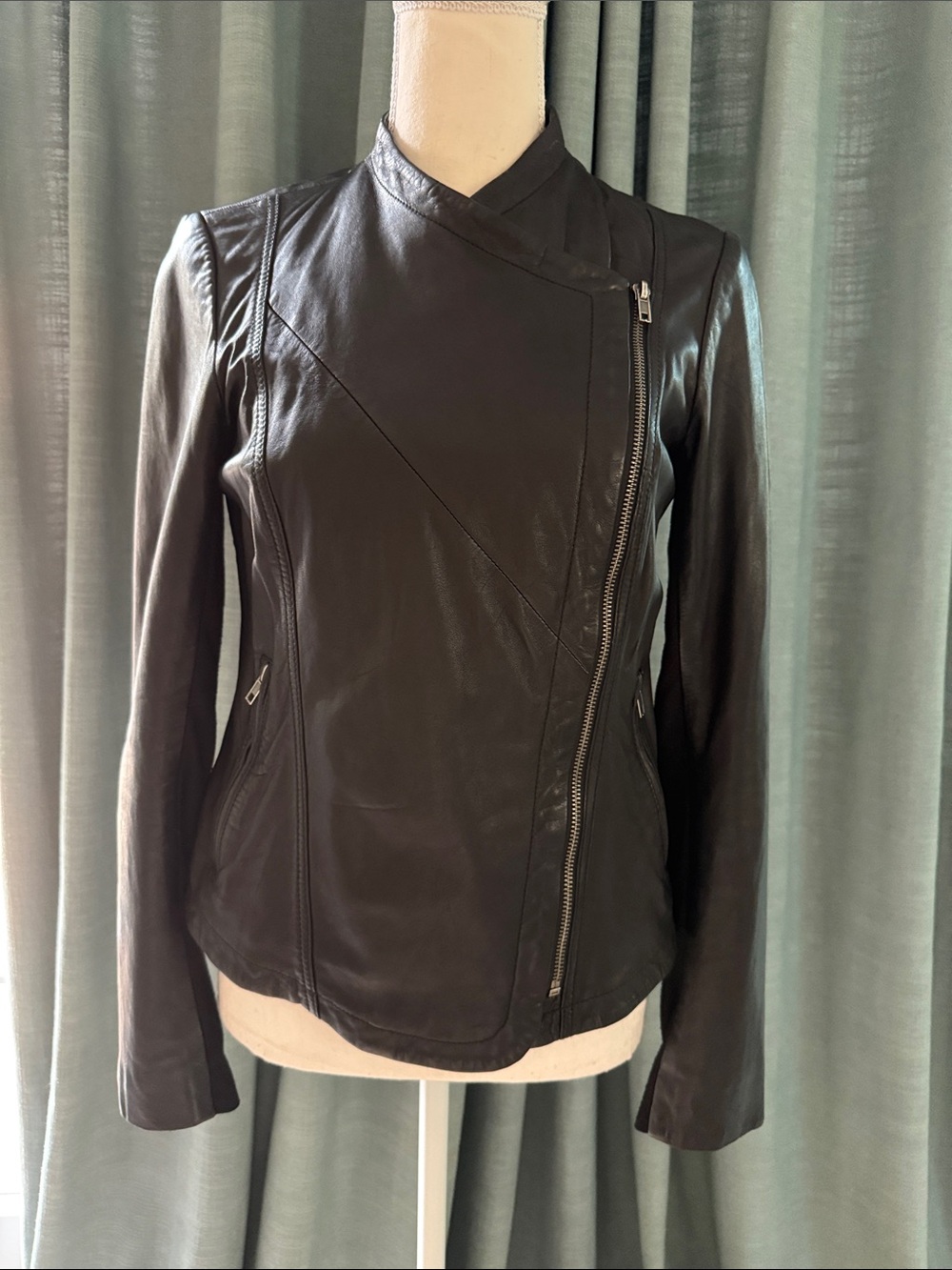 Lucky Brand Black Leather Asymmetrical Zip Moto Jacket